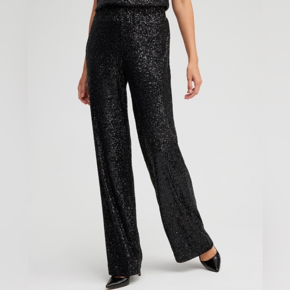NEW Chico’s Black Label Sequin Wide Leg Pants Black